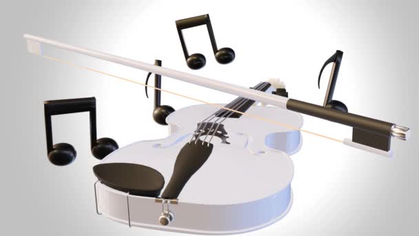 音乐和白色小提琴在白色背景上的3D动画 — 图库视频影像
