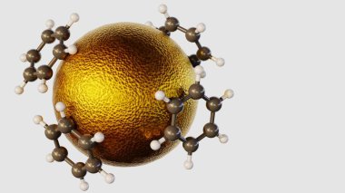 Benzen moleküllerinin 3d görüntülenmesi beyaz arkaplanda altın (Au) nano partikülleri (NP) eşleştirdi