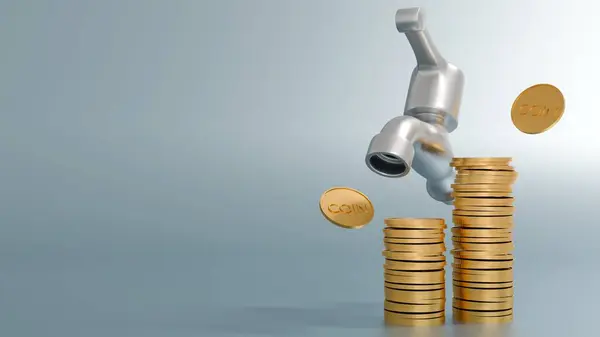 3d rendering of a vintage-style faucet with a handle and stack of coins trickling out from the spout