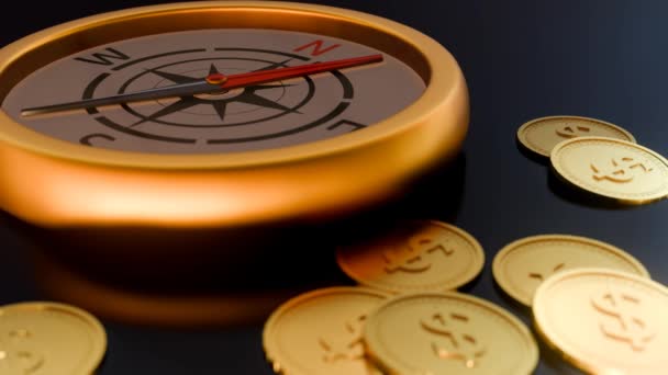 Animation Πυξίδα Και Σωρός Από Χρυσά Νομίσματα Στο Μαύρο Φόντο — Αρχείο Βίντεο