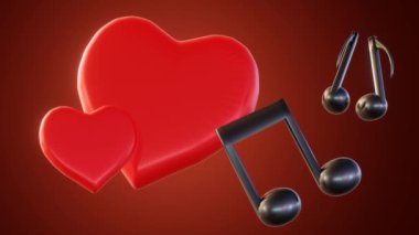 Müzik notaları ve kırmızı kalp şeklinin 3D animasyonu
