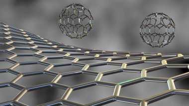 Siyah arkaplanda fulleren adı verilen karbon nano yapısına 3D görüntüleme