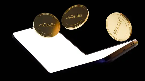 Renderización Flip Smartphone Con Monedas Oro —  Fotos de Stock