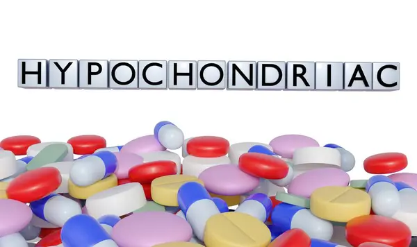 stock image A 3d rendering of hypochondriac on the blocks with variety of drugs