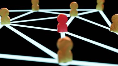 Üç boyutlu insan figürleri ve birbirine bağlı çizgiler. İşbirliği ve işbirliği olarak sosyal konsept,