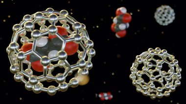 3d rendering of drug molecules inside of fullerene clipart