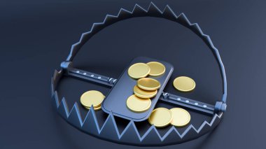 3d rendering of a metal bear trap and pile of gold coins clipart