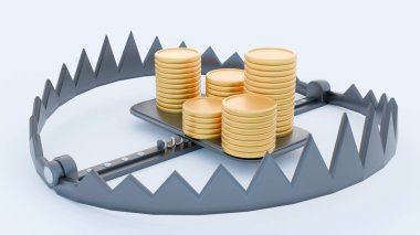 3d rendering of a metal bear trap and pile of gold coins clipart