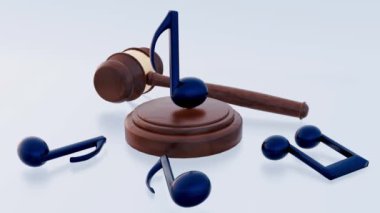 Müzik notalarının 3D animasyonu ve eğlence patentinin sembolü olarak beyaz arka planda ahşap bir tokmak.
