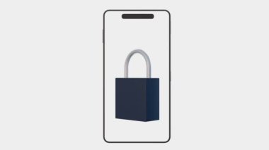 Akıllı telefonun 3D animasyonu ve telefon ekranının ortasında anahtar deliği olan dönen siyah asma kilit.