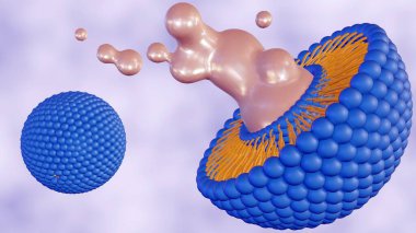 3d rendering of compromised liposome releasing its contents. Magnified image of a liposome, showing leakage of its encapsulated material. clipart
