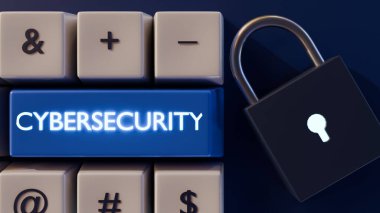 Veri koruması ve siber güvenliği temsil eden asma kilitli bir bilgisayar klavyesinin 3D görüntülenmesi.