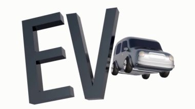 Metalik bir tabelanın yanına park edilmiş gümüş elektrikli aracın (EV) 3 boyutlu animasyonu. Araba modern ve pürüzsüz, aerodinamik bir tasarımı var.