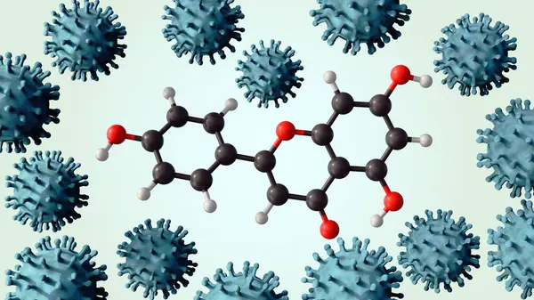 stock image 3d rendering of Apigenin molecule and chikungunya virus. Apigenin was evaluated for cytotoxicity and antiviral properties for the Chikungunya virus