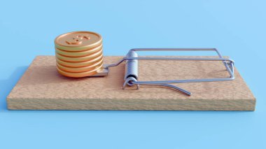 Üzerinde birkaç altın sikke bulunan 3 boyutlu ahşap fare kapanı. Tuzak kuruldu ve açılmaya hazır. Zenginlik arayışıyla ilgili yüksek risk veya beklenmedik maliyet