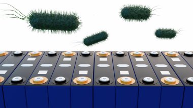 3d rendering of prismatic battery, rectangular lithium ion phosphate LFP battery and bacteria as a symbol of biobattery by using bacteria to generate and store electricity. clipart