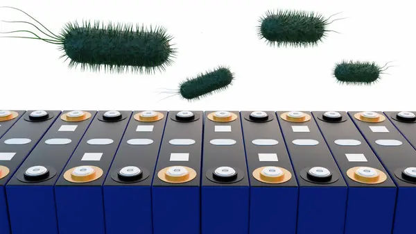 stock image 3d rendering of prismatic battery, rectangular lithium ion phosphate LFP battery and bacteria as a symbol of biobattery by using bacteria to generate and store electricity.