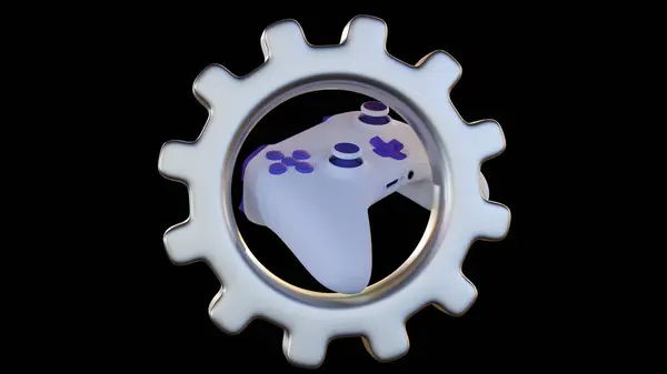 Stock image 3d rendering of game console and cogwheel, as a symbol of game development