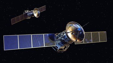 Dünya 'nın yörüngesindeki mavi bir uydunun 3 boyutlu modeli. Uydunun güneş panelleri ve antenleri var..