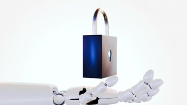 Yüzen asma kilidi tutan bir robot elin 3 boyutlu animasyonu.