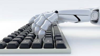 Bir bilgisayar klavyesinde hızlı bir şekilde eklemli parmakları olan üç boyutlu bir elin görüntülenmesi.