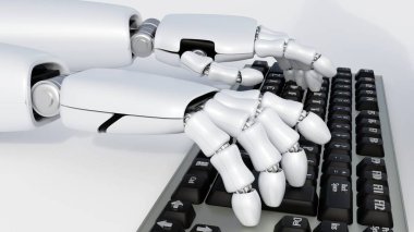 Bir bilgisayar klavyesinde hızlı bir şekilde eklemli parmakları olan üç boyutlu bir elin görüntülenmesi.