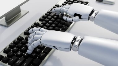 Bir bilgisayar klavyesinde hızlı bir şekilde eklemli parmakları olan üç boyutlu bir elin görüntülenmesi.
