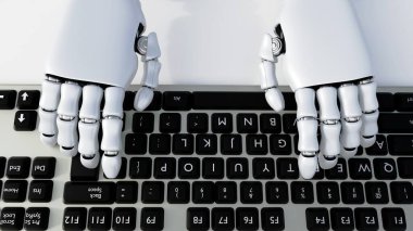 Bir bilgisayar klavyesinde hızlı bir şekilde eklemli parmakları olan üç boyutlu bir elin görüntülenmesi.