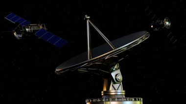 Yörüngedeki bir uydunun 3D görüntülemesi, uzay ve Dünya tabanlı iletişimi vurgulayan bir çanak anten ağına veri gönderiyor..