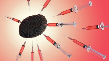 Üç boyutlu bir tasvir, birden fazla şırınga ile yapılan çiğ köfte enjeksiyonunu gösteriyor. Bu, muhtemelen besin kaynaklı patojenler ya da etteki koruyucular için yapılan testleri temsil ediyor..