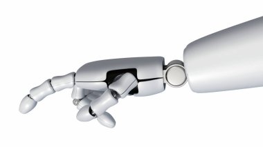 Yapay zeka teknolojisi asistanı olarak çalışan izole edilmiş robotik ellerin 3 boyutlu görüntüsü.