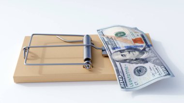 This 3D rendering of a mousetrap baited with a stack of hundred-dollar bills. It suggests that the pursuit of quick financial gain can come with hidden risks. clipart