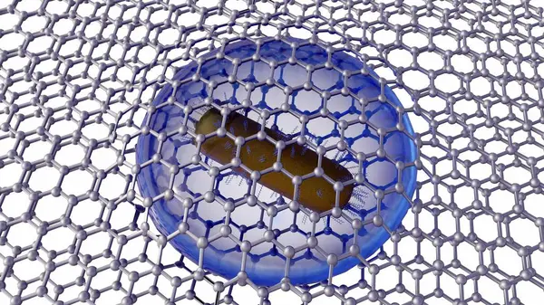 stock image 3D rendering depicts gold nanoparticles coated with polyamines suspended within a graphene liquid cell.