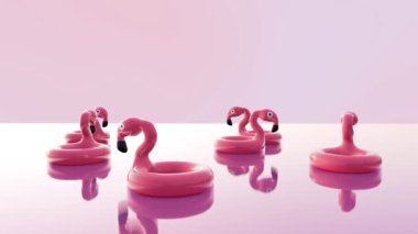 Klasik bir yaz aksesuarı olan geçmişe dönük pembe flamingo şamandırasının 3D animasyonu.