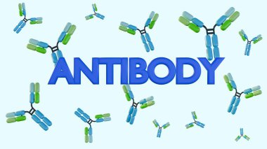 Açık mavi arka planda izole edilmiş dağınık antikor moleküllerinin 3D görüntülenmesi