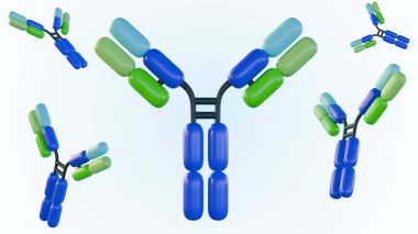 3d rendering of isolated scattered antibody molecules in the light blue background clipart