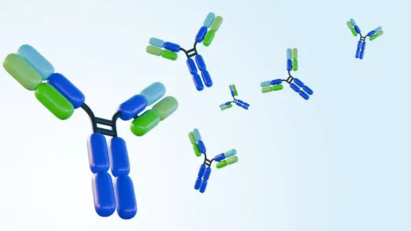 stock image 3d rendering of isolated scattered antibody molecules in the light blue background