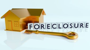 'FORECLOSURE' kelimesinin küp şekiller, altın ev ve anahtarlar üzerinde metin elemanları olarak kullanıldığı üç boyutlu bir model. Karmaşık ev sahipliği ve mali zorluklar sorunu için metafor.