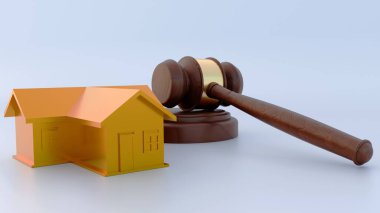 'FORECLOSURE' kelimesinin küp şekiller, altın ev, ahşap tokmak ve anahtarlar üzerinde metin unsurları olarak kullanıldığı üç boyutlu bir model. Karmaşık ev sahipliği ve mali zorluklar sorunu için metafor.