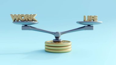 3D tasvir, iş-yaşam dengesi mücadelesini tasvir ediyor ve para teraziyi etkiliyor. İş hayatı çatışması, paranın etkisini vurguluyor.