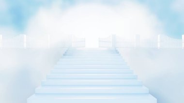 3 boyutlu aydınlatma kapısı bulutlarla çevrili bir merdivenin üzerinde duruyor..