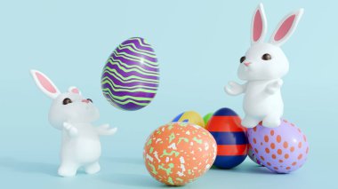 Beyaz tavşanların sevimli üç boyutlu sunumları izole edilmiş arka planda renkli Paskalya yumurtalarını neşeyle kovalıyor ve kemiriyor..