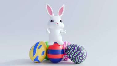 The adorable 3D renderings of white rabbits are playfully chasing and nibbling on colorful Easter eggs in the isolated background. clipart