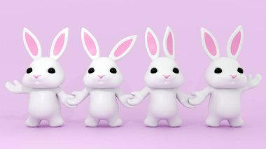 Stüdyonun arka planında 3 boyutlu sevimli beyaz tavşanların görüntülenmesi mutlu bir şekilde izole edilmiş.