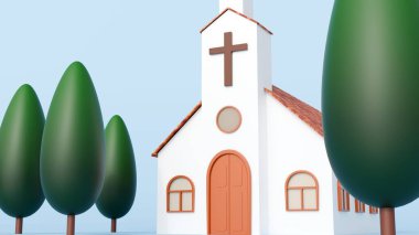 3d rendering of white church with a cross and a tiled roof, nestled amidst a grove of evergreen trees. clipart