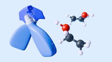 Etanol moleküllerinin 3d animasyonu, temizlik, dezenfeksiyon, kişisel bakım ve endüstriyel işlemler gibi çeşitli görevler için etkili bir şekilde spreyde uygulanır..