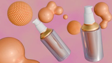 A 3d rendering of translucent skincare bottle with gold accents, suspended against a soft pink background. The bottle is surrounded by liposome spheres and fluid-like blobs clipart