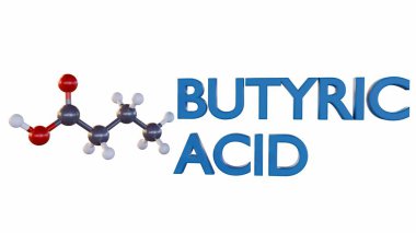 3d rendering of the chemical structure of butyric acid. It is used in the production of a variety of products, including food additives, pharmaceuticals, and fragrances. clipart