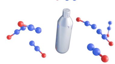 Gülme gazı olarak da bilinen azot oksit (N2O) moleküllerinin 3d animasyonu. Çırpılmış krema kutuları ve aroma maddesi ya da sakinleştirici ve ağrı kesici olarak..