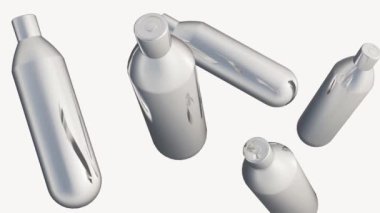 Azot oksit veya azot oksit kutuları olarak da bilinen Whippetler, azot oksit gazı içeren küçük metal silindirlerdir; 3D animasyon.